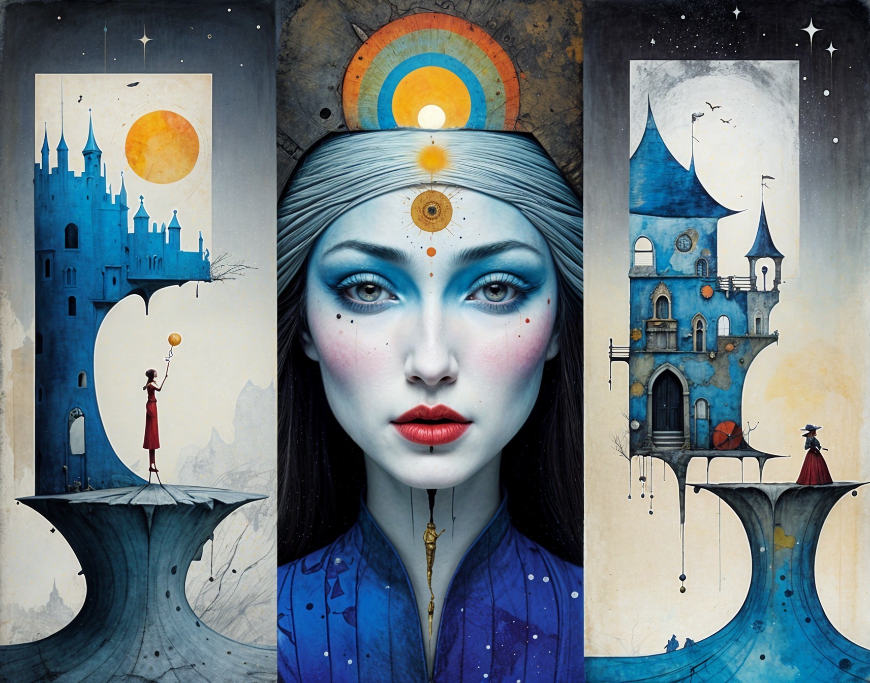 Surreal Illustration of Ethereal Woman and Castles