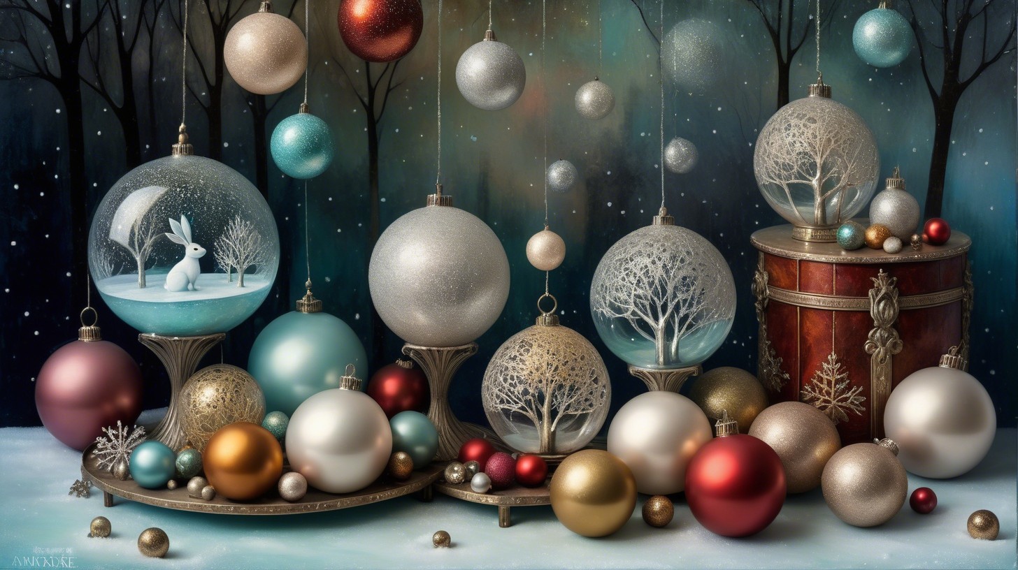 Elevated View of Christmas Ornaments and Snow Globe