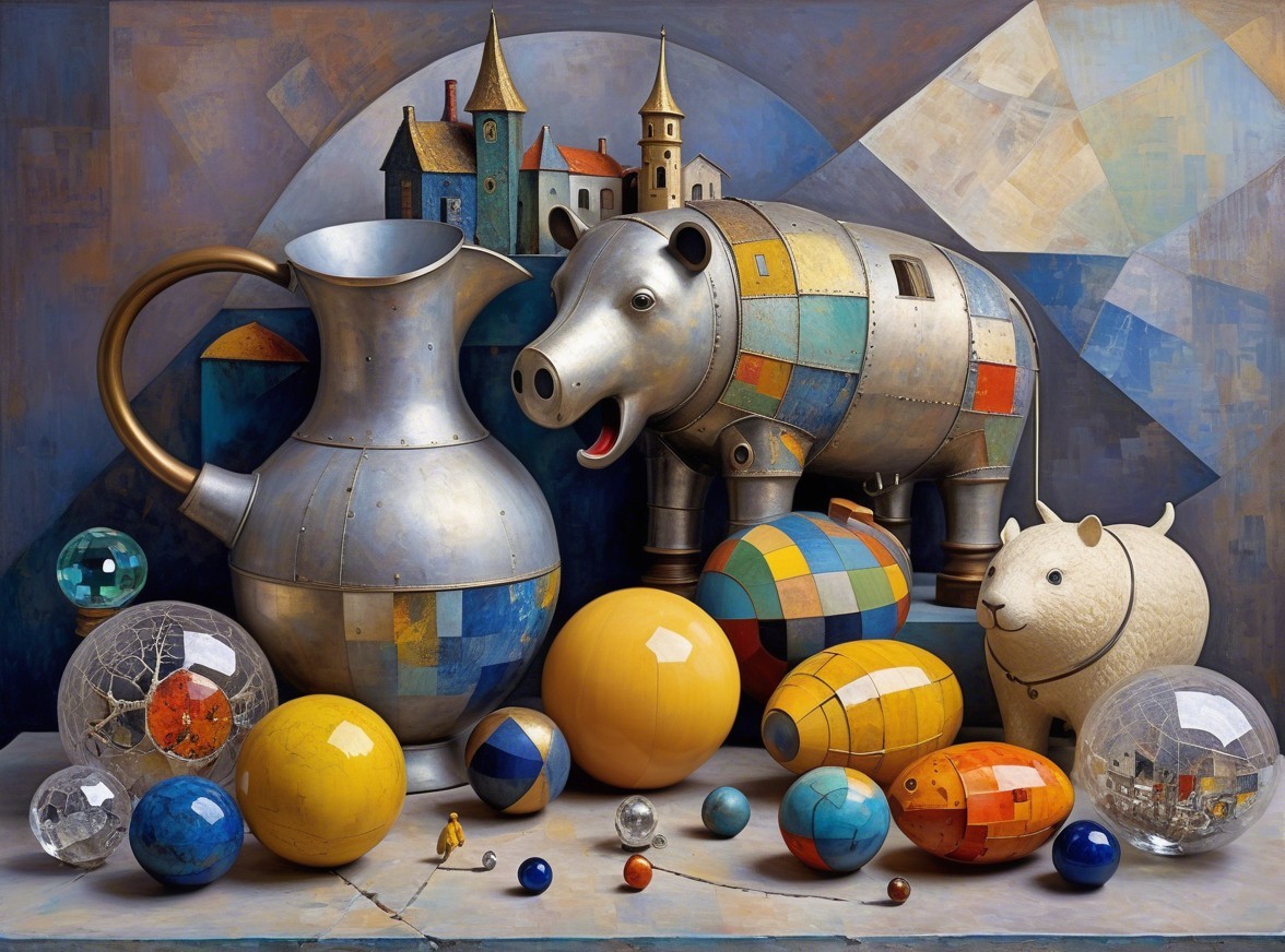 Whimsical Still Life with Metallic Pitcher and Sculptures