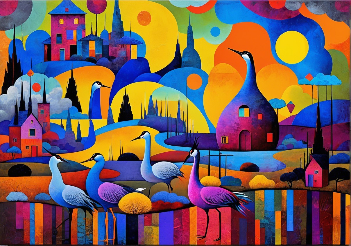 Vibrant Abstract Landscape with Cranes and Whimsical Elements