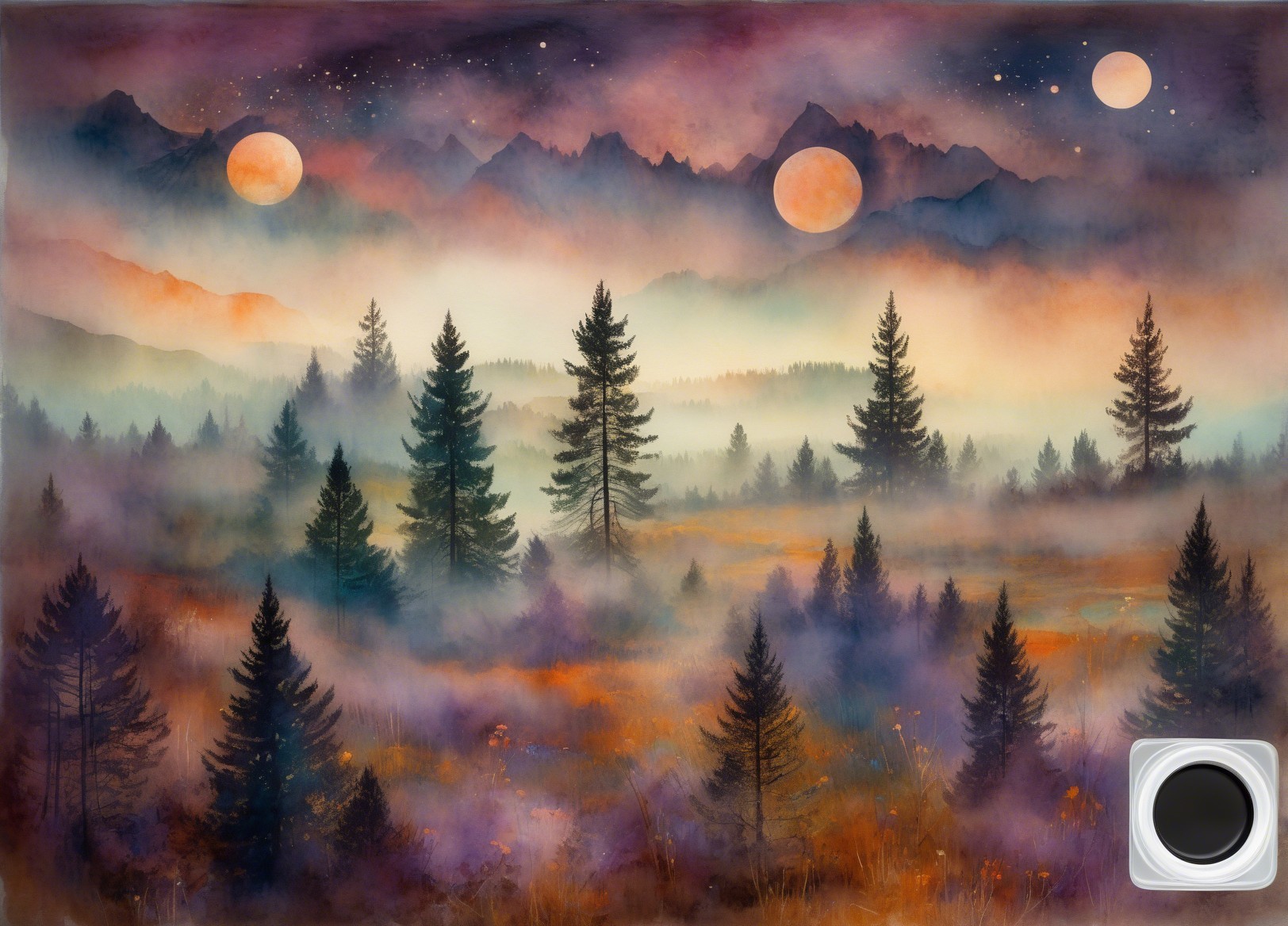 Watercolor Painting of Foggy Mountain Landscape at Night