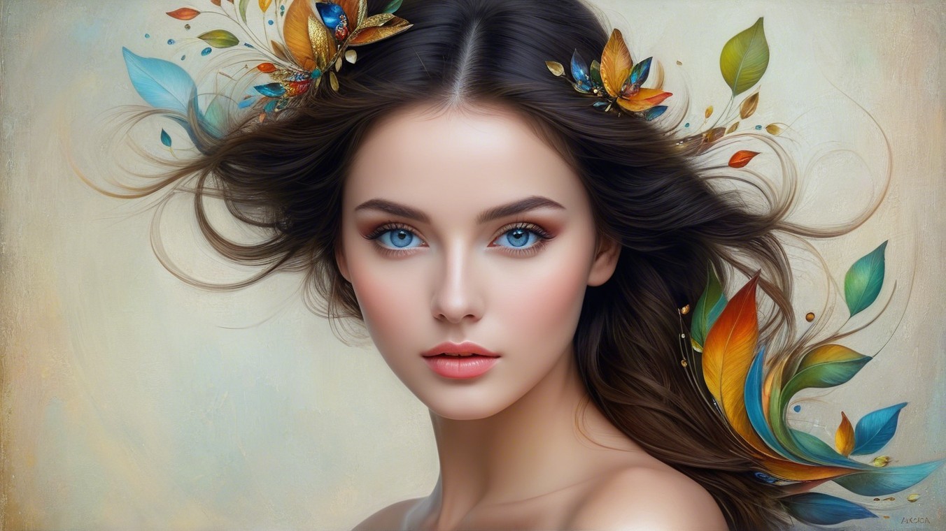 Portrait of a Young Woman with Floral Hair and Blue Eyes