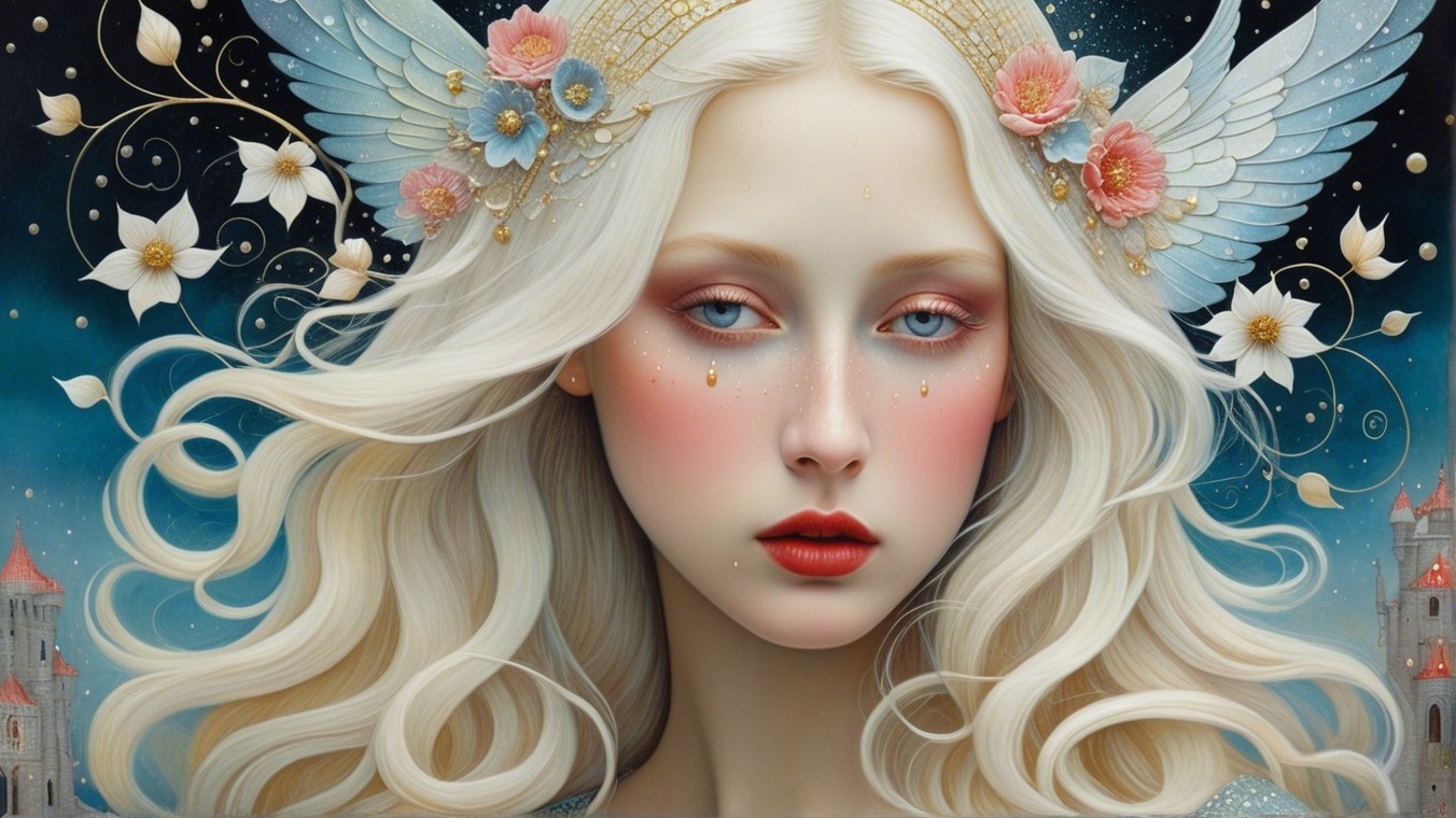 Ethereal Woman with Platinum Hair and Shimmering Wings