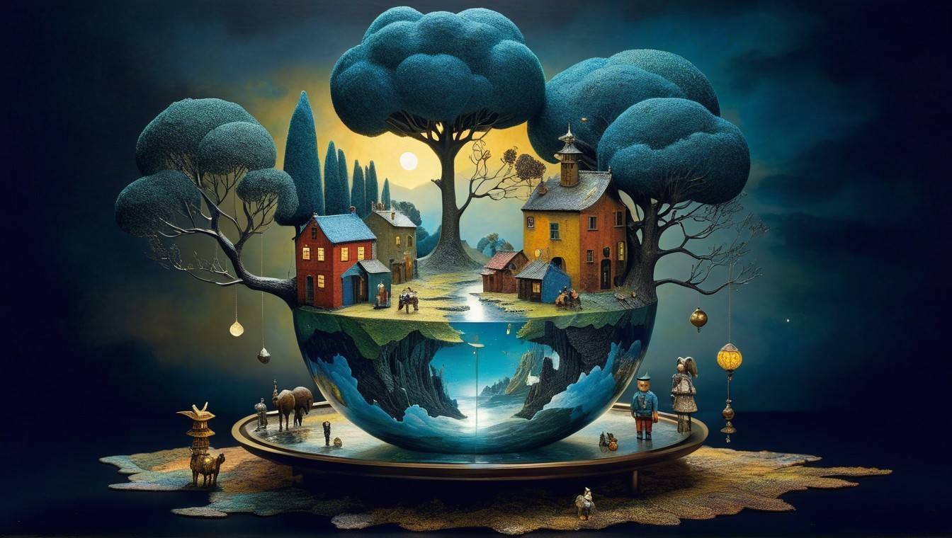 Whimsical Landscape Globe with Split Worlds and Figures