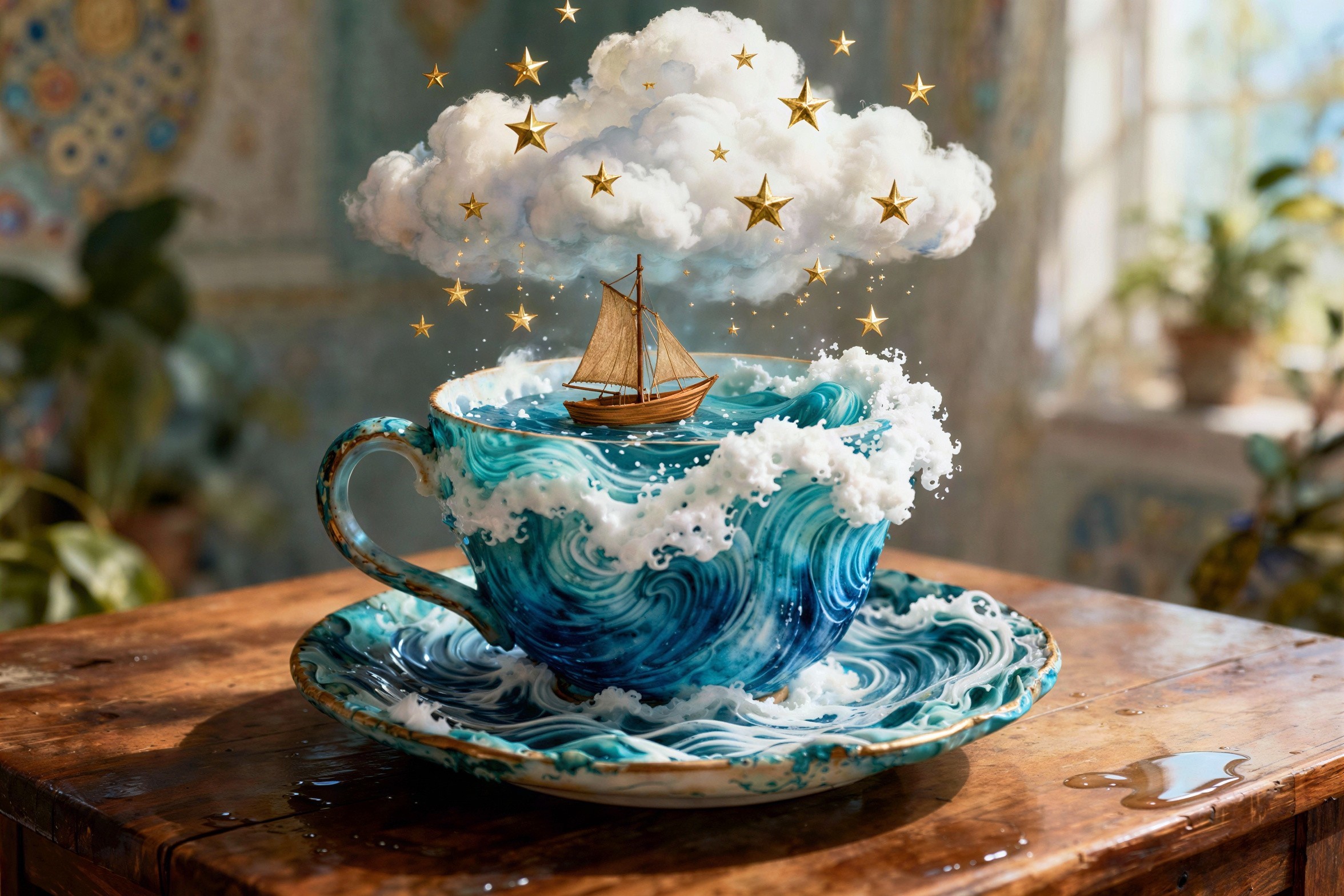 Blue and White Teacup with Sailboat and Cloud Decor