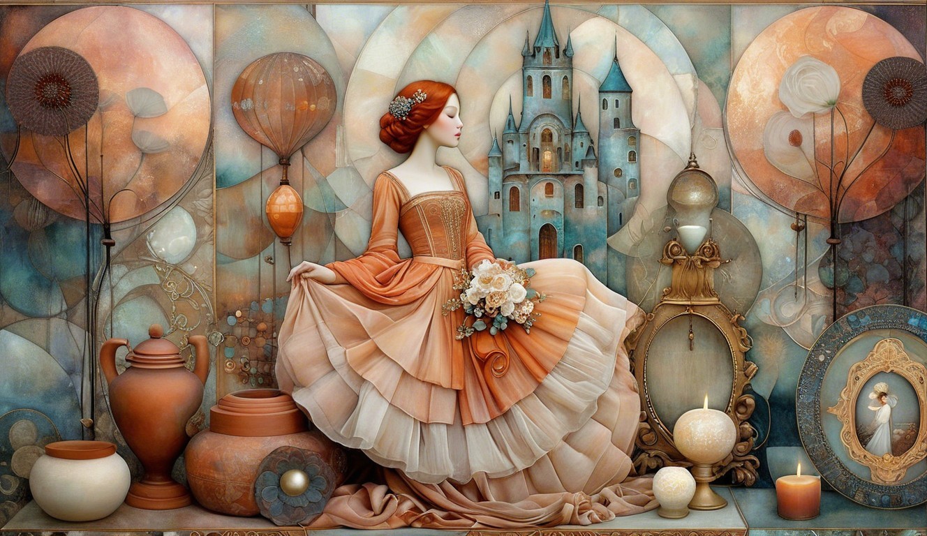 Serene figure in orange gown with whimsical elements