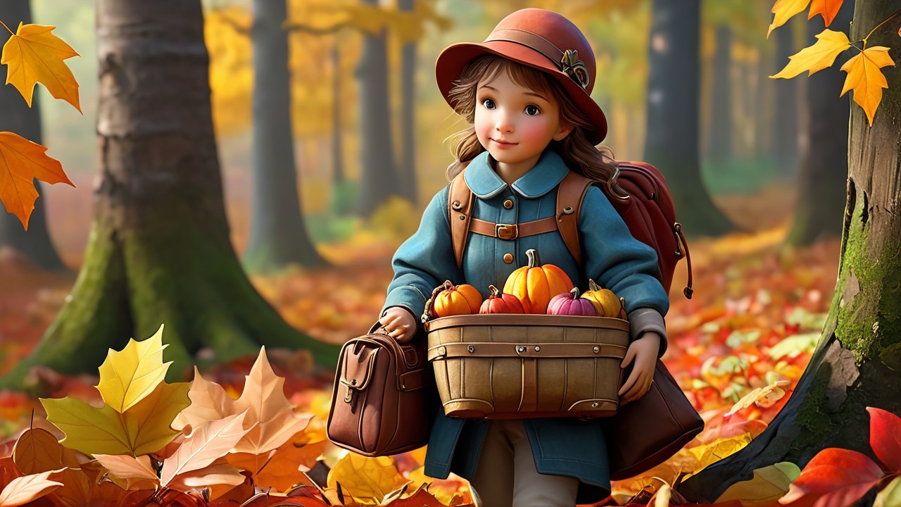 Young girl in autumn forest with pumpkins and leaves