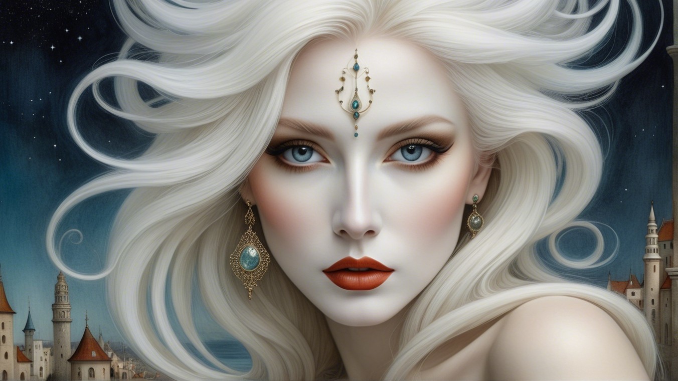 Close-up of a woman with white hair and blue eyes