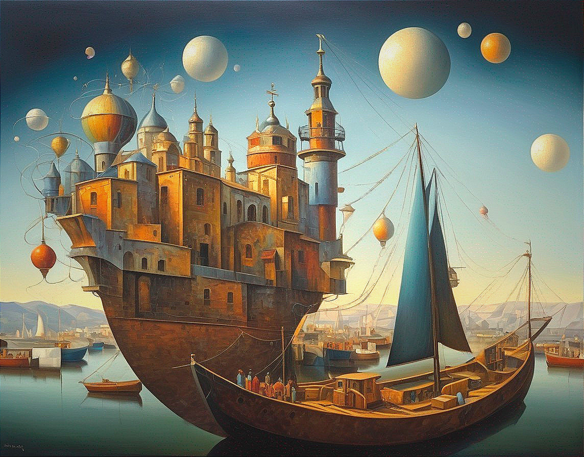 Fantastical Ship-Castle on Calm Waters with Balloons