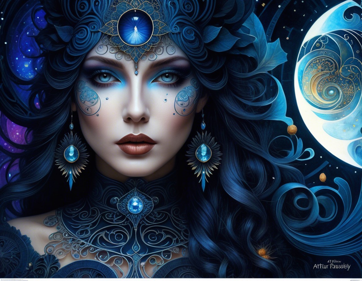 Mystical Woman with Dark Hair in Cosmic Backdrop