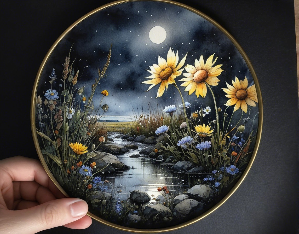 Circular Artwork of Night Scene with Sunflowers and Stream