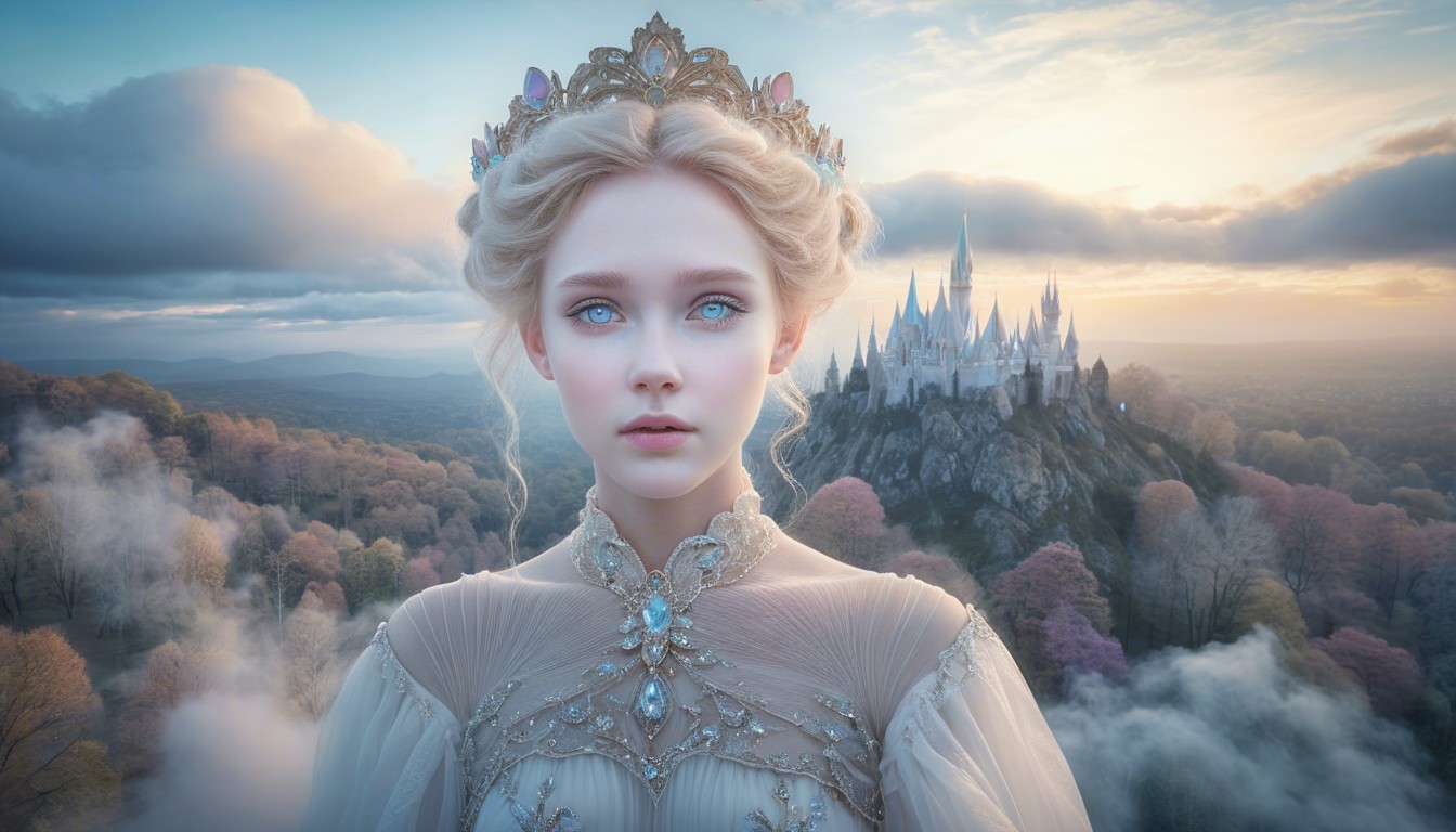 Young woman in gown gazes at distant castle at twilight