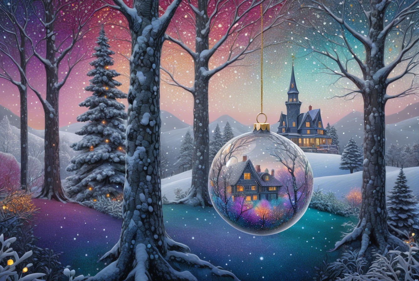 Winter Landscape with Snowy Trees and Ornament Reflection