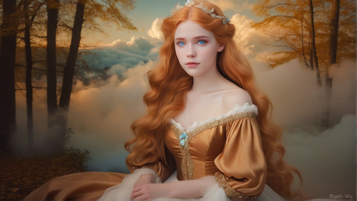 Young woman in golden gown in dreamy landscape