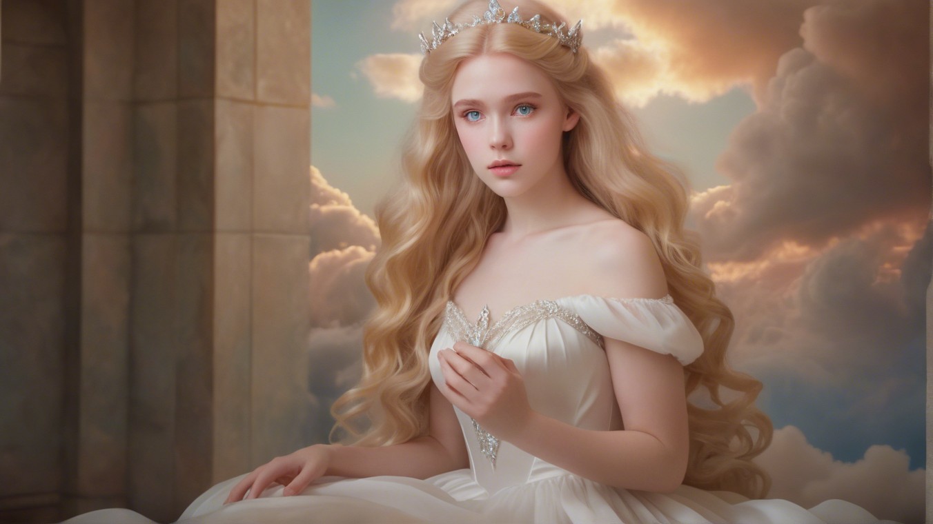 Young woman in gown with crown in ethereal landscape