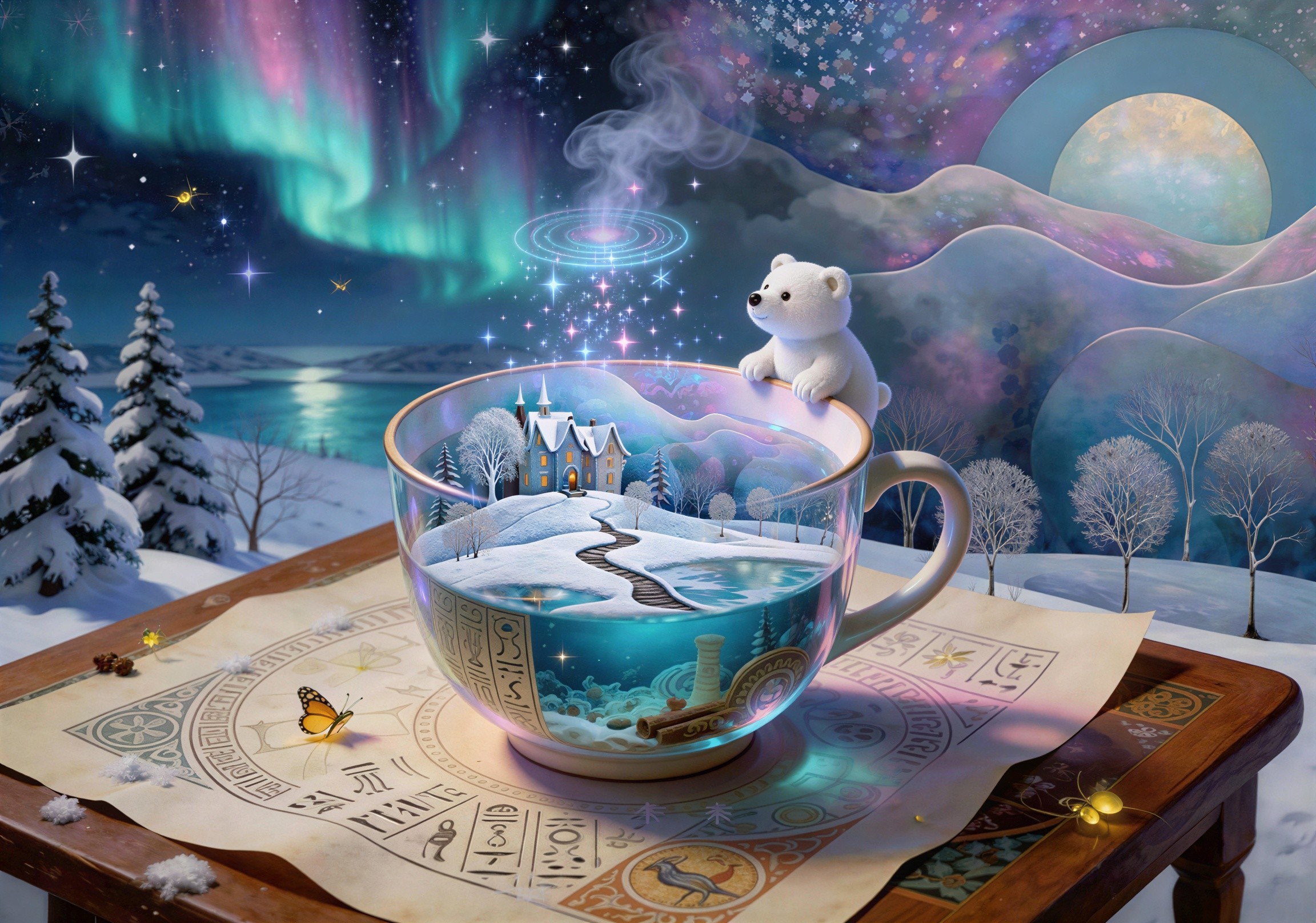 Magical Night Scene with Teacup Winter Wonderland