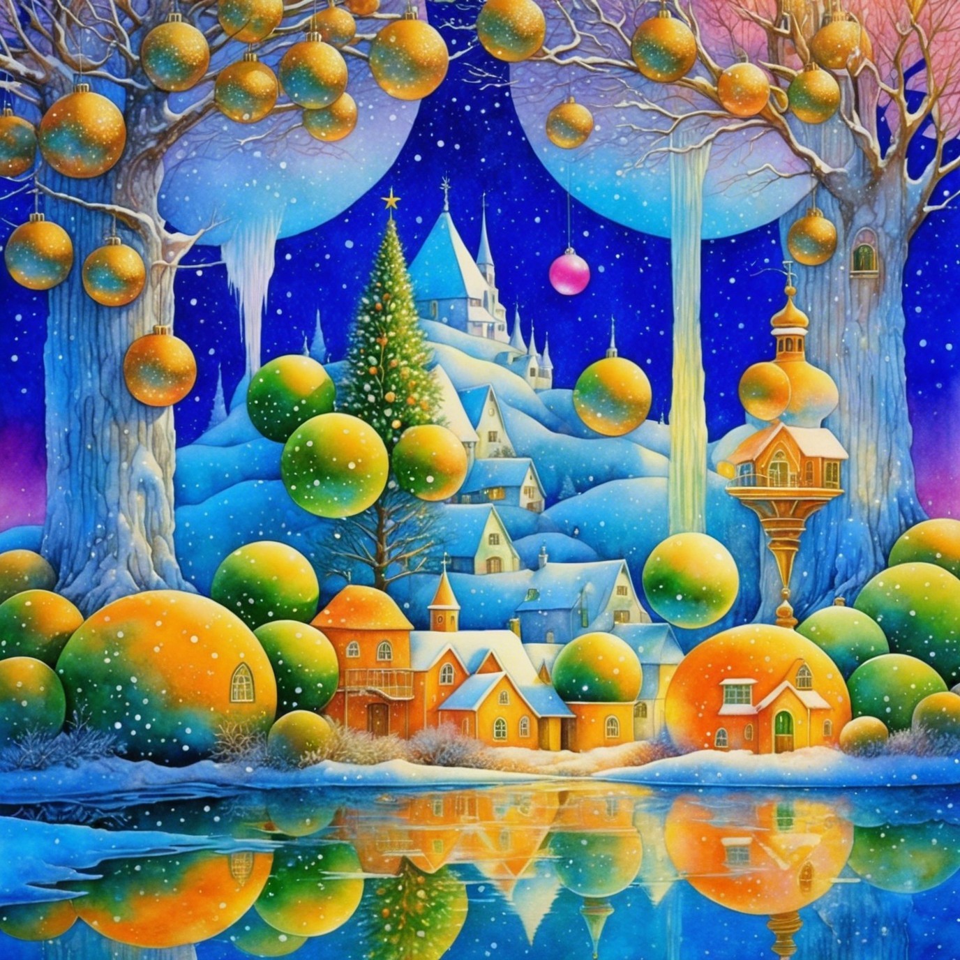 Whimsical Winter Wonderland Landscape Painting Details