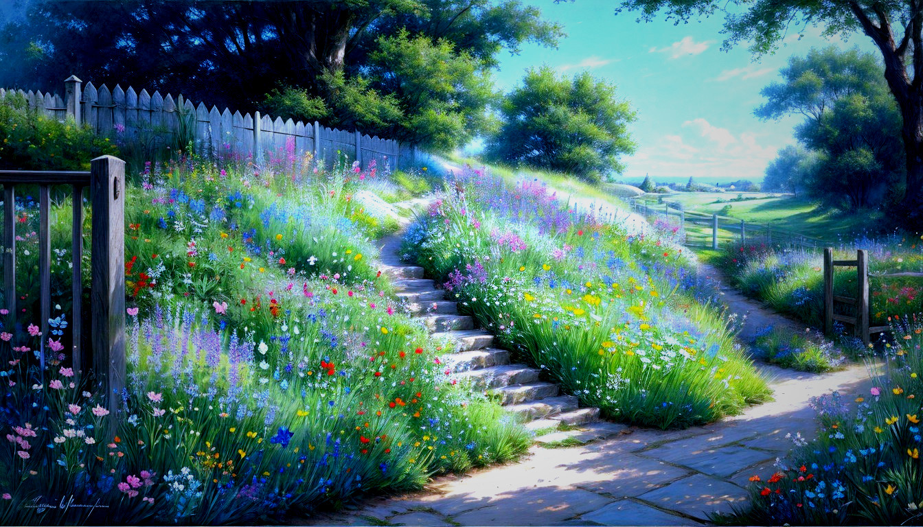 Vibrant Garden Path with Colorful Wildflowers and Hills