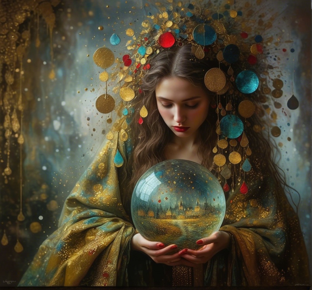 Mystical Woman with Crystal Ball in Ethereal Landscape