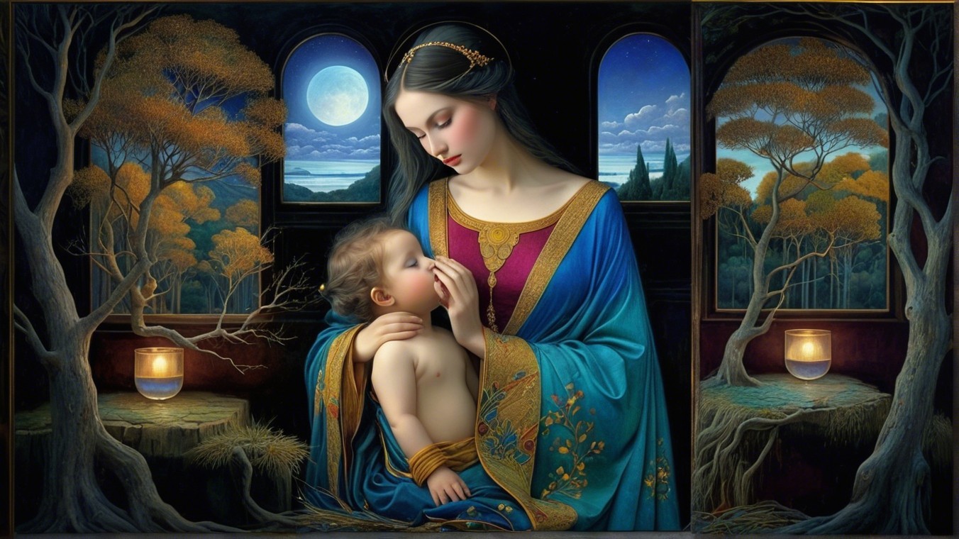 Mother and Child in a Moonlit Autumn Landscape