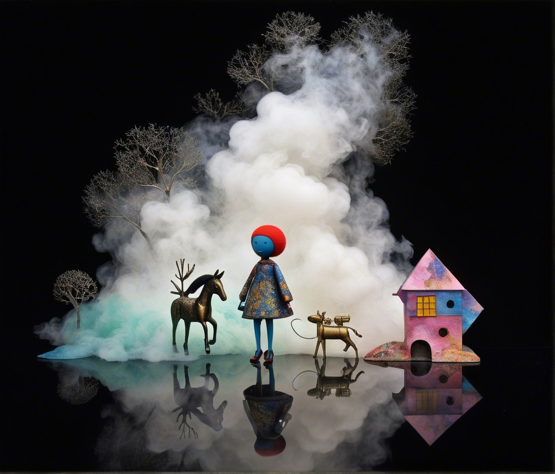 Whimsical Scene with Blue-Faced Figure and Animals