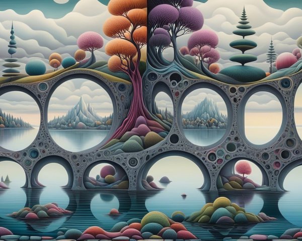 Surreal Landscape with Abstract Trees and Hills