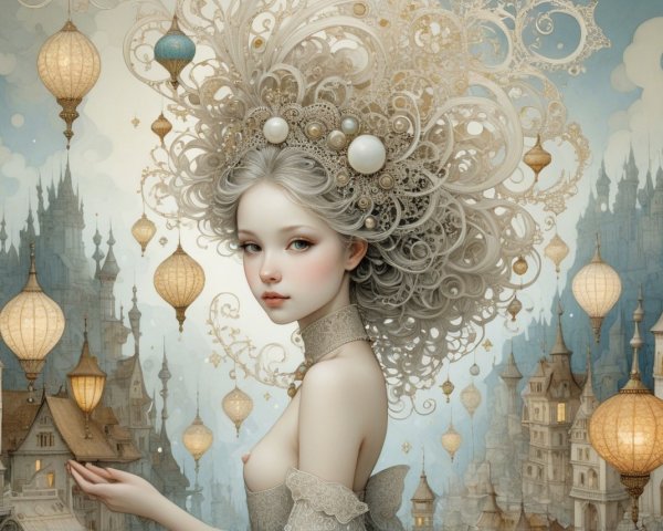 Whimsical anime-style illustration of an elegant young woman