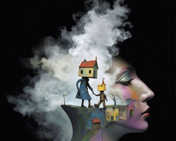 Surreal Scene of Woman's Profile with Whimsical Elements
