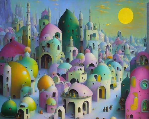 Surreal cityscape with pastel domes and spires