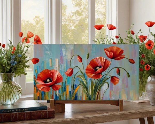 Vibrant Oil Painting of Red Poppies with Sunlight