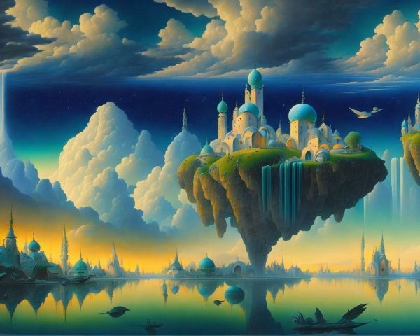 Floating Islands with Ornate Buildings and Waterfalls