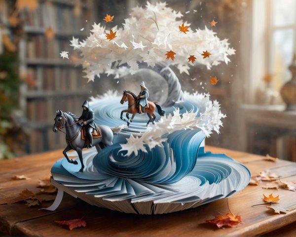 Magical pop-up book scene with tree and figures on waves