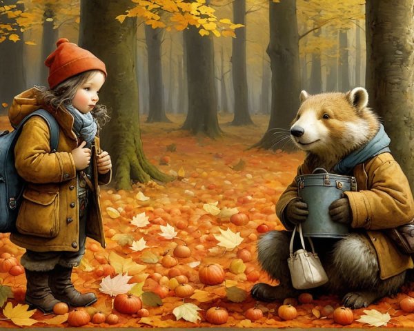 Young Girl and Bear in Whimsical Autumn Forest