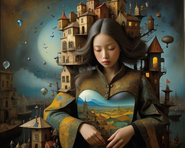 Serene Figure with Heart-Shaped Vibrant Landscape
