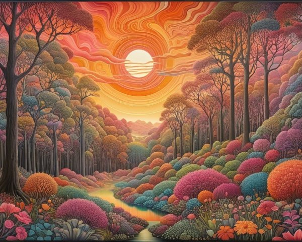 Surreal Landscape with Colorful Trees and Waterway