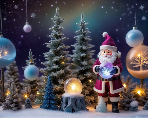 Vibrant Christmas Scene with Santa and Snowy Trees