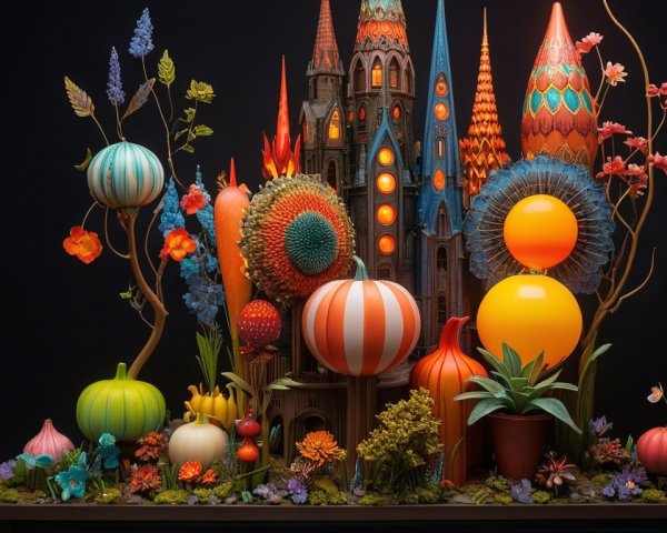 Whimsical Castle with Colorful Sculptures and Lights