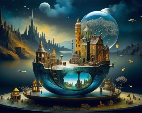 Whimsical Landscape with Split Globe and Miniature World
