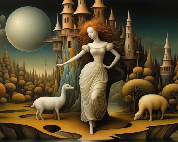 Whimsical Dreamlike Landscape with Serene Figure and Deer