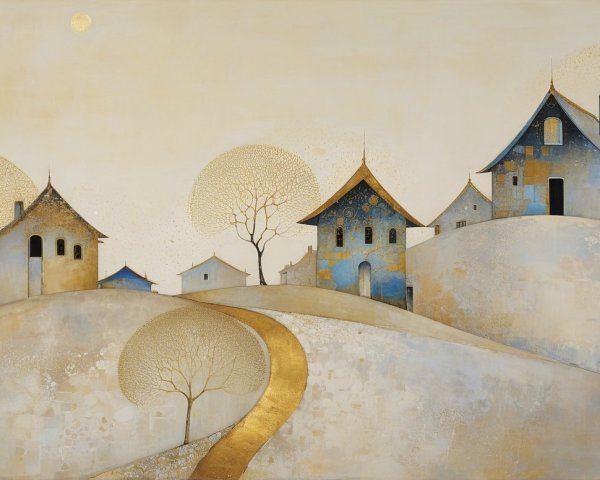 Serene landscape with whimsical houses and rolling hills