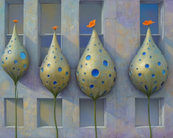 Surreal Teardrop Forms with Flowers and Colorful Background