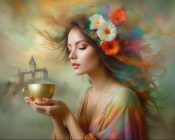 Serene woman with flowers and golden cup in mist