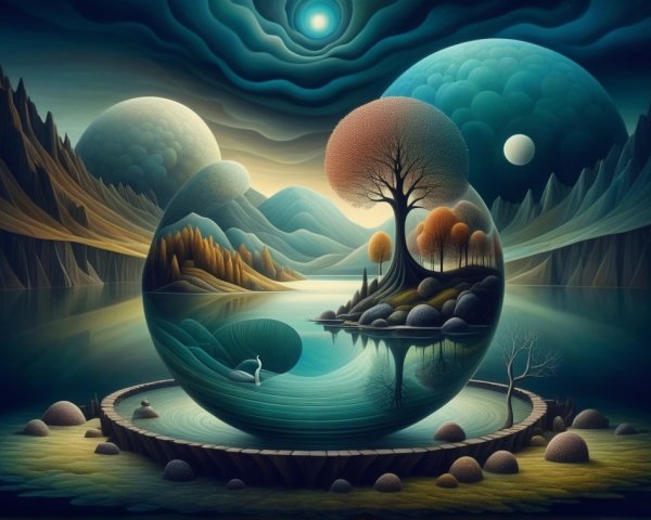Surreal Landscape with Lake and Abstract Planets