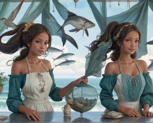 Identical Women in Coastal Setting with Ocean View
