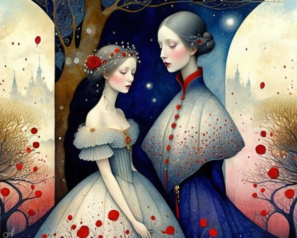 Ethereal Figures Under Whimsical Tree at Night