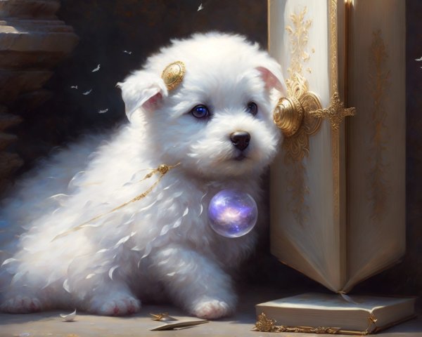 Fluffy White Puppy Beside Ornate Book and Feathers