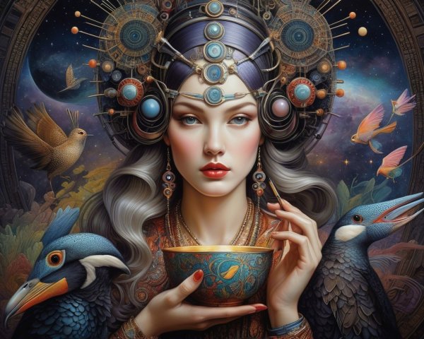 Goddess-like Woman with Silver Hair and Birds