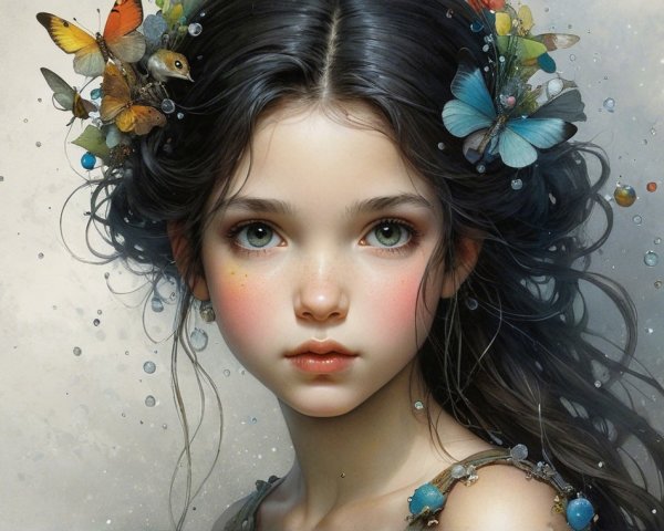 Young girl with large eyes and floral hair accents