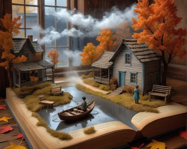 Autumn Landscape with Houses and Tranquil Pond Scene