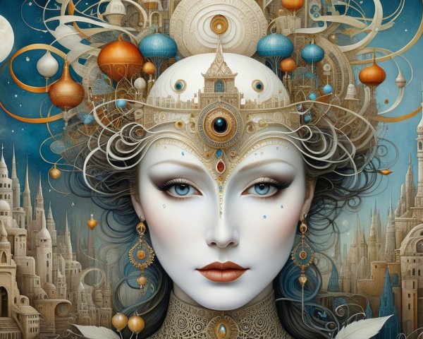 Surreal Woman with Geometric Headdress in Fantasy City